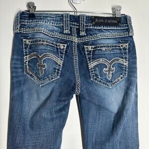 Rock Revival Alanis Boot Sequin Bling Pocket Distressed Flare Medium Wash Jeans